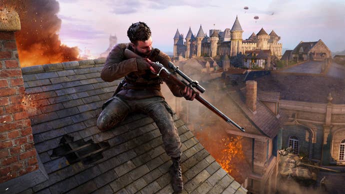 Key art for Sniper Elite Resistance showing a sniper on the roof of a burning building taking aim at something on the street below.