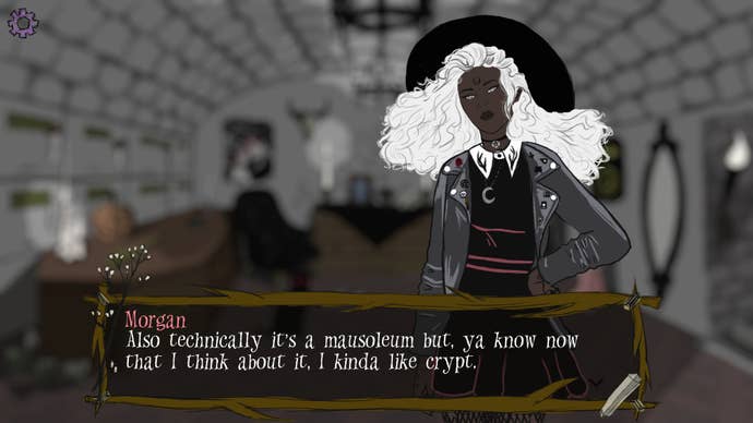 A So May It Be screenshot showing Morgan the witch who has long white hair is wearing a black dress and moon charm necklace