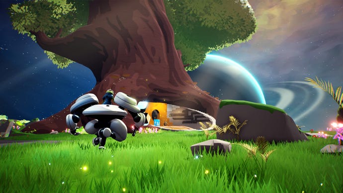 A frog rides a mech through a forest scene in Shoulders Of Giants
