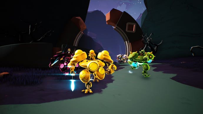 Four colourful mechs rush through an alien planet in Shoulders Of Giants