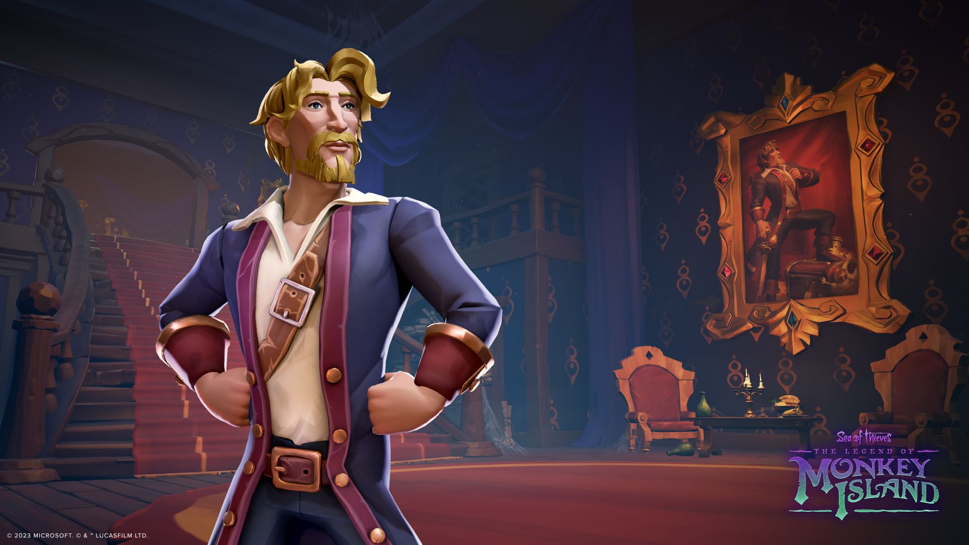 A bearded Guybrush Threepwood poses heroically in the once-opulent Governor&rsquo;s Mansion.