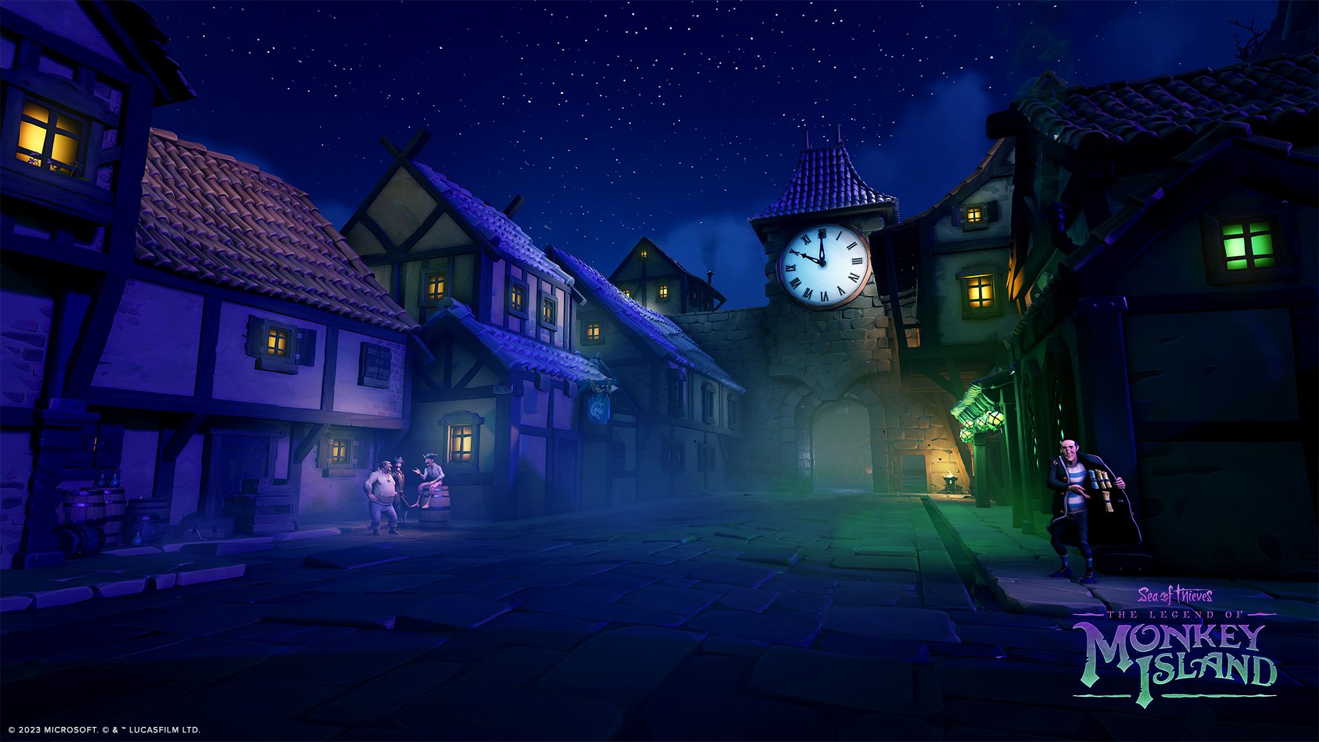 Ramshackle dwellings line either side of Melee Island&rsquo;s familiar High Street, while its broken clocktower looms in the background.