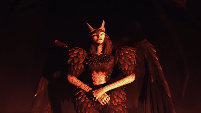 A winged demon with horns stares down at the player in this Solium Infernum screenshot.