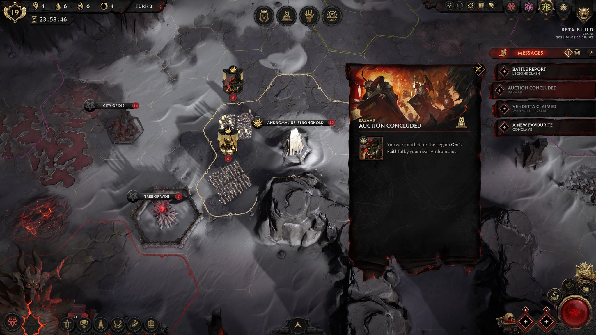 An overhead view of an archfiend stronghold in Solium Infernum, with the message window saying an auction has been concluded. - 6