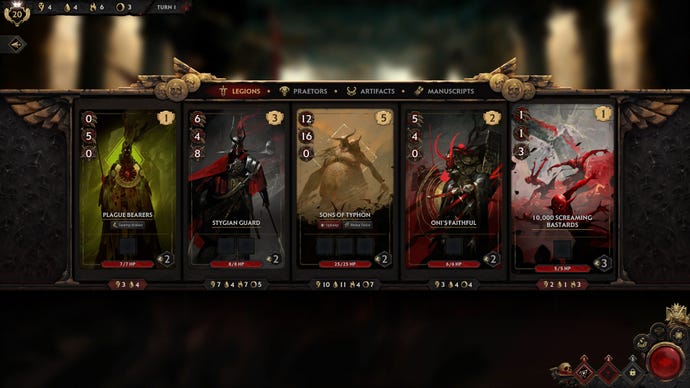 The auction house menu in Solium Infernum, showing five cards up for grabs.