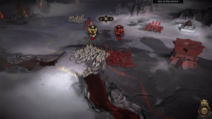 White and red legion armies clash on an ashen hellscape in Solium Infernum (2023)