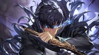 Sung Jinwoo from Solo Leveling: Arise, with glowing blue eyes.