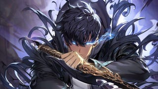 Sung Jinwoo from Solo Leveling: Arise, with glowing blue eyes.