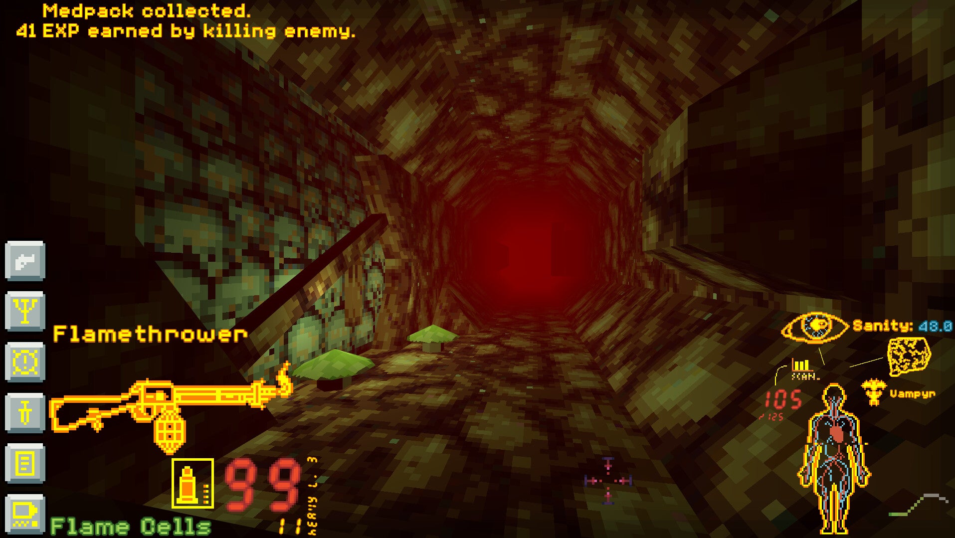 A tunnel, with red mist at the end, and walls possibly made of mud and skulls in Sonar Shock. - 6