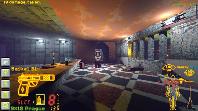 A pixel art enemy in a first-person 3D dining room in Sonar Shock.