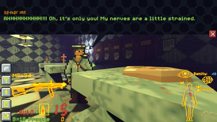 A pixel art sailor is relieved it’s “only you”, in retro immersive sim Sonar Shock.