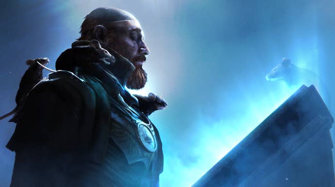 Bearded man looks down at a ghost rat in artwork from Songs Of Conquest