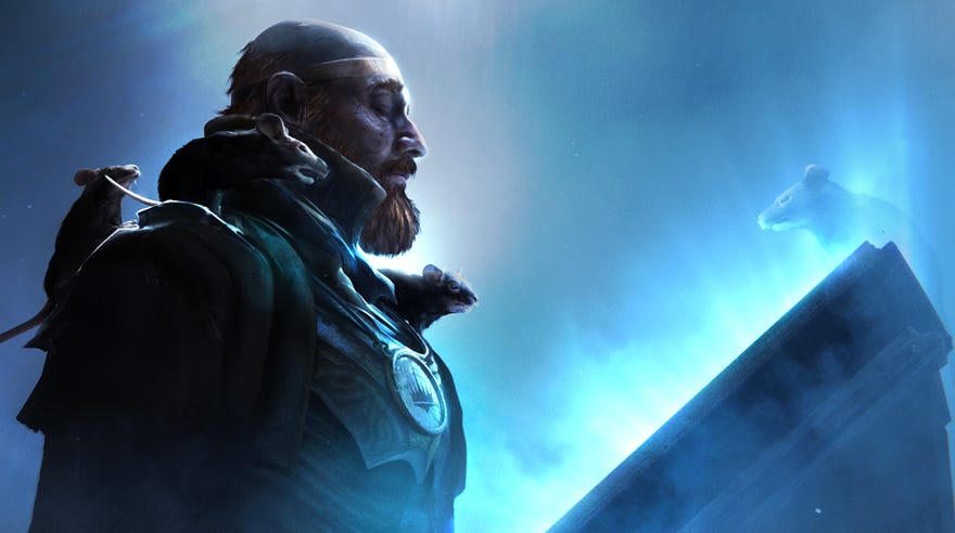 Bearded man looks down at a ghost rat in artwork from Songs Of Conquest