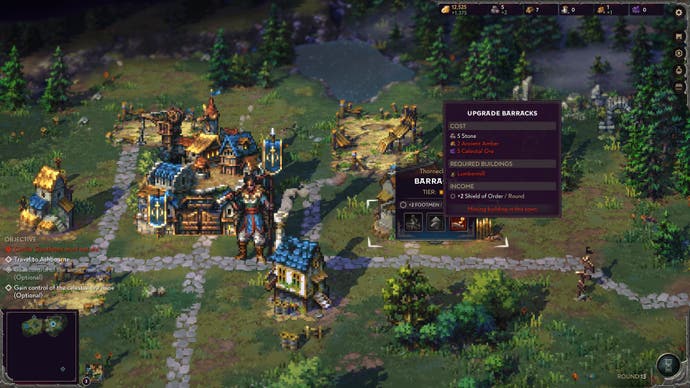A warrior holding a banner stands inside a village while upgrading the barracks in Songs of Conquest.