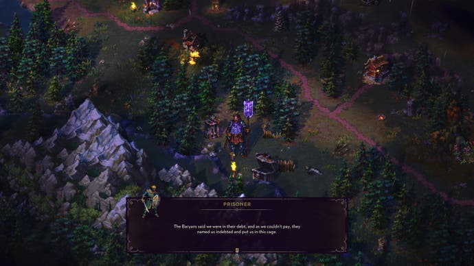 A bannerman in purple attire speaks to a captured prisoner in a dark forest in Songs of Conquest.