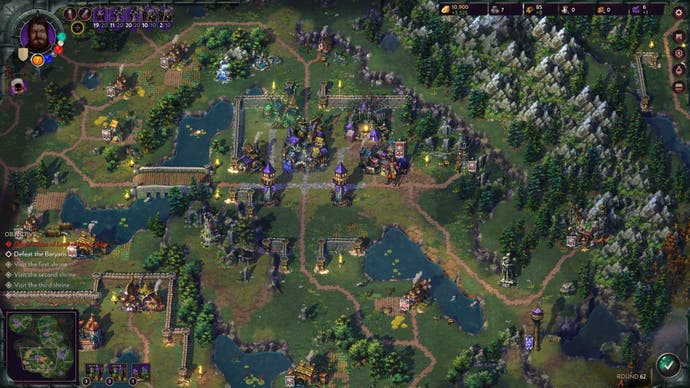 A zoomed out top down view of a walled settlement straddled across a river in Songs of Conquest.