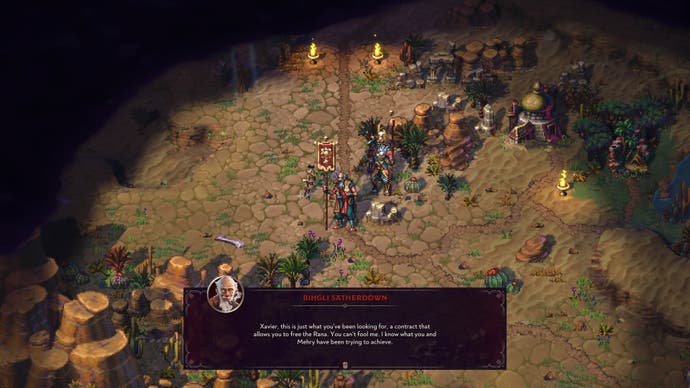 An old man speaks to a fancy warrior in the desert in Songs of Conquest.