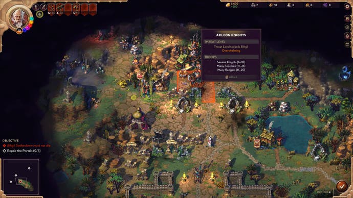 Foreboding knights block a path in a desert in Songs of Conquest.