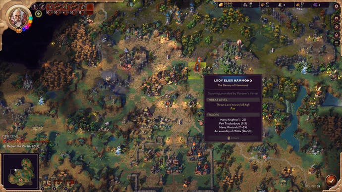 A zoomed out view of a desert forest landscape with many settlements and resources, with an enemy Wielder highlighted as a 'Fair' opponent in Songs of Conquest.