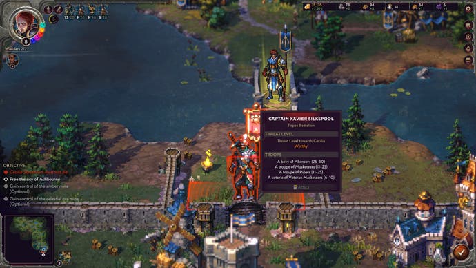 Captain Xavier Silkspool appears as a 'Worthy' enemy outside a defended settlement in Songs of Conquest.