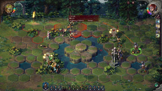 An archer readies an attack on a frog in a grassy battlefield with a central pond in Songs of Conquest.