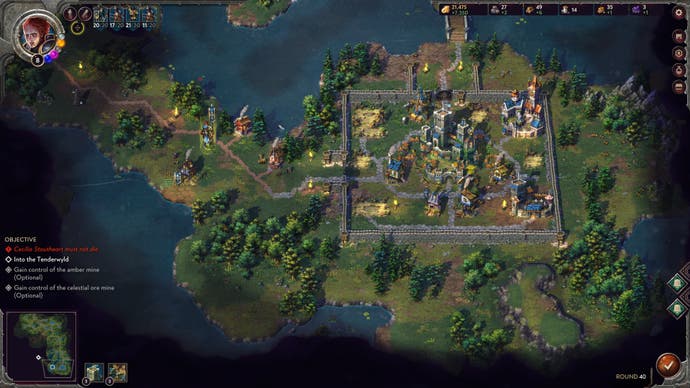 A zoomed out, top down view of a walled medieval settlement in Songs of Conquest.