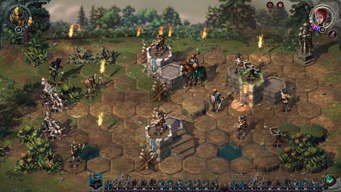 A battlement scene in in Songs of Conquest, where warriors defend their town against ghouls and ghosts.