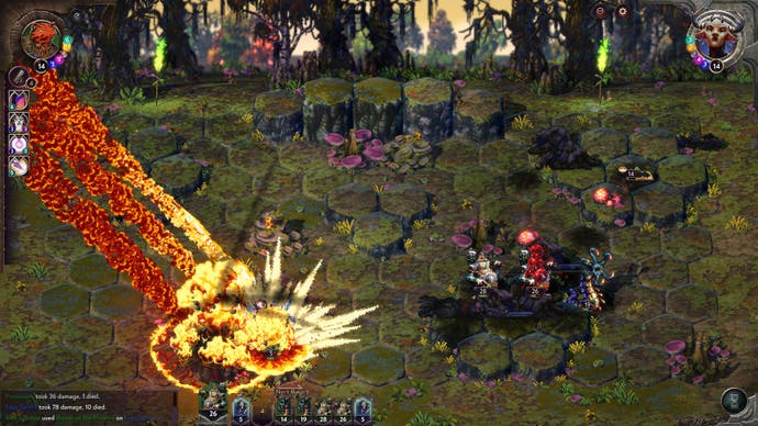 Three fireballs crash into a swampy battlefield in Songs of Conquest.