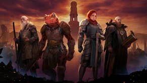 Songs of Conquest key art showing four characters - an elf, a frog-person, a red-haired lady, and a bald mage - in front of a distant tower and orange cloudy sky