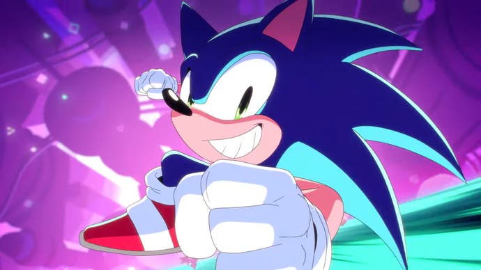 Close up of animated Sonic punching at the screen from Sonic Dream Team trailer