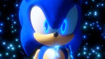 Sonic Frontiers review - Sonic looks at the camera in front of a black background with blue stars