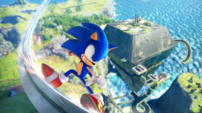 Sonic can be seen grinding on a metal rail in artwork for Sonic Frontiers