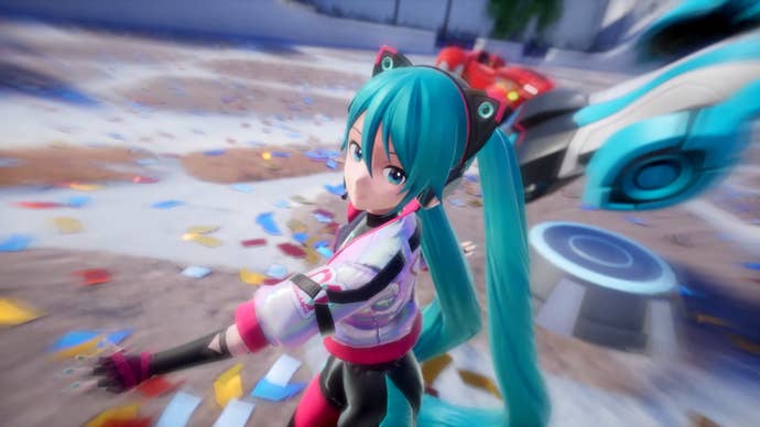 Screenshot of anime character Hatsune Miku in Sonic Racing CrossWorlds