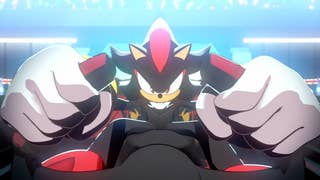 Close up of Shadow the Hedgehog in vehicle preparing to race in animated trailer for Sonic Racing: CrossWorlds