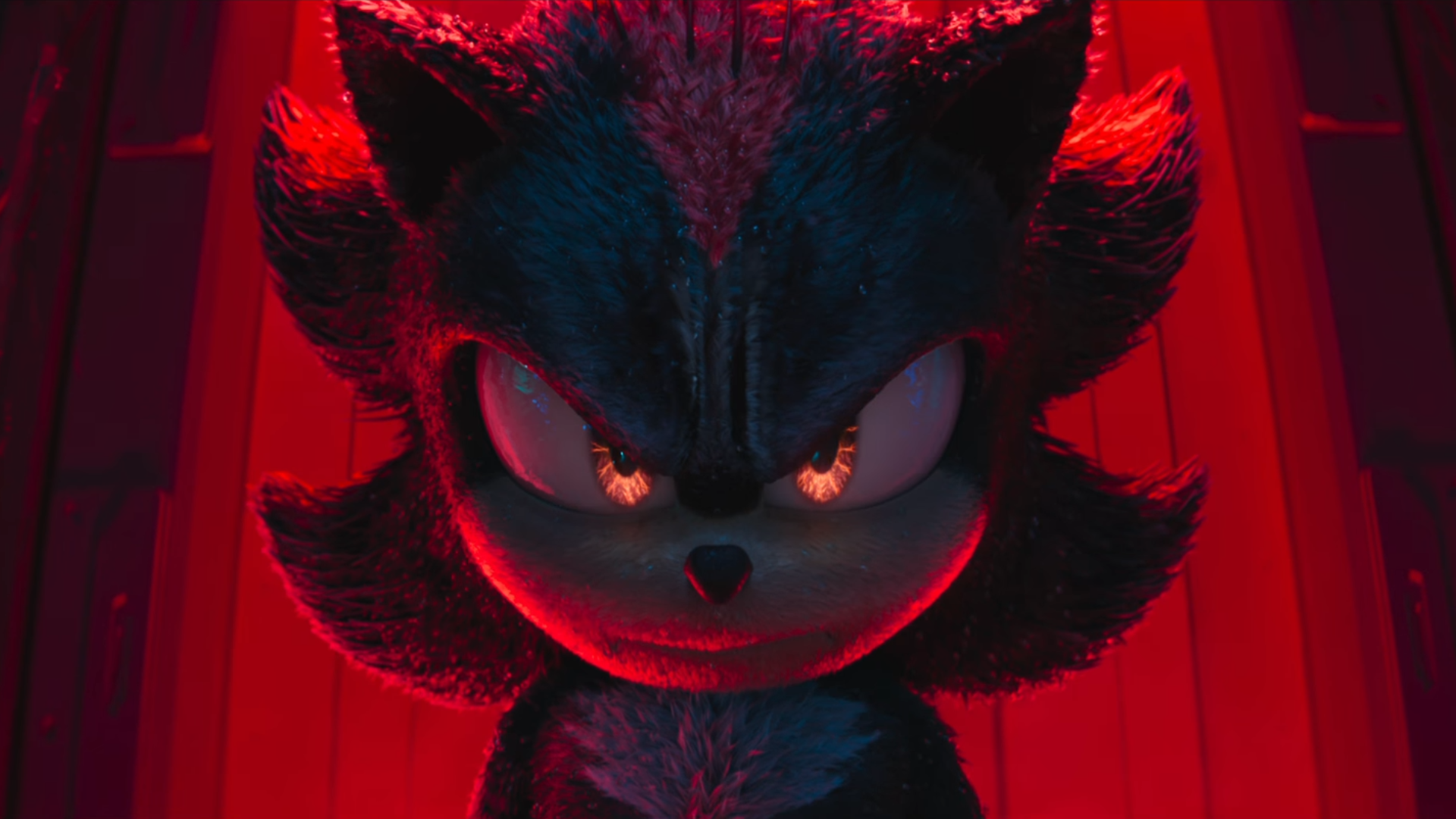 Close up of Shadow the Hedgehog from Sonic 3 trailer with red light