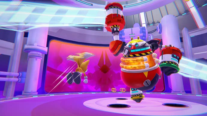 Tails is in a boss fight with a robotic Dr. Eggman in Sonic Dream Team