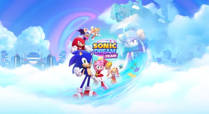 Key artwork for Sonic Dream Team, featuring Sonic, Knuckles, Tails, Amy, Rouge the Bat, Cream the Rabbit, and Ariem