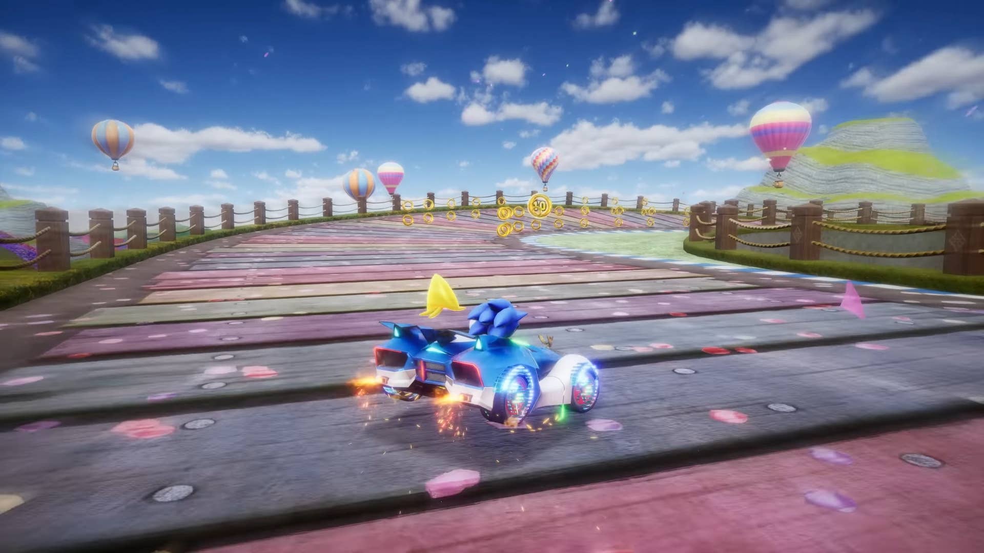 Sonic racing in his kart in Sonic Racing: Crossworlds