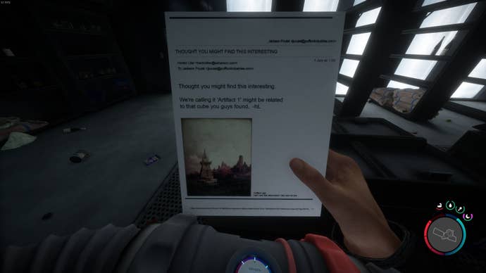 The player looks at a document mentioning artefacts and the golden cube in Sons of the Forest