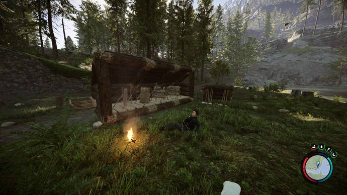 The player looks at Kelvin sat by a fire in front of a base in Sons of the Forest