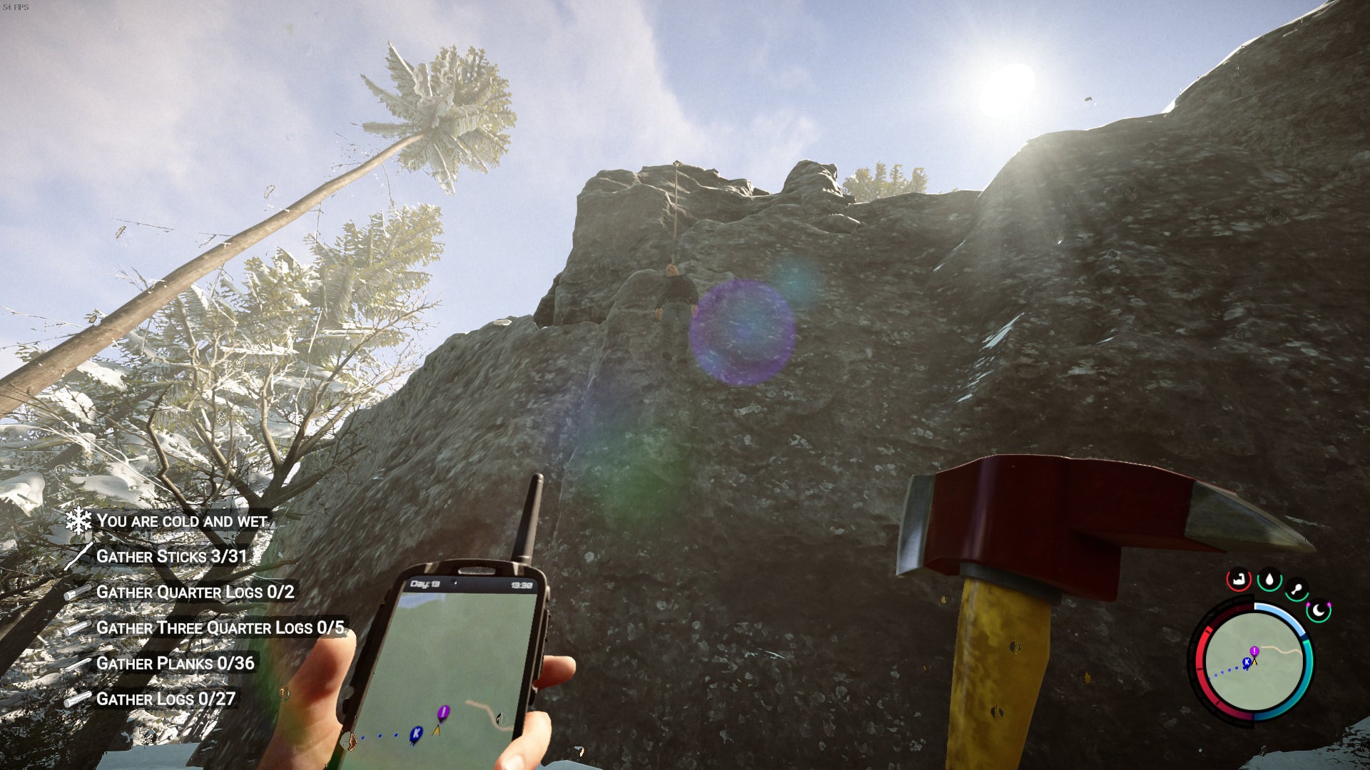 The player looks at a hanging corpse at one of the GPS devices purple markers in Sons of the Forest