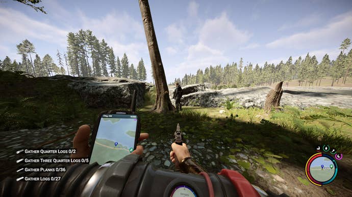 The player watches Kelvin chop down trees for logs in Sons of the Forest