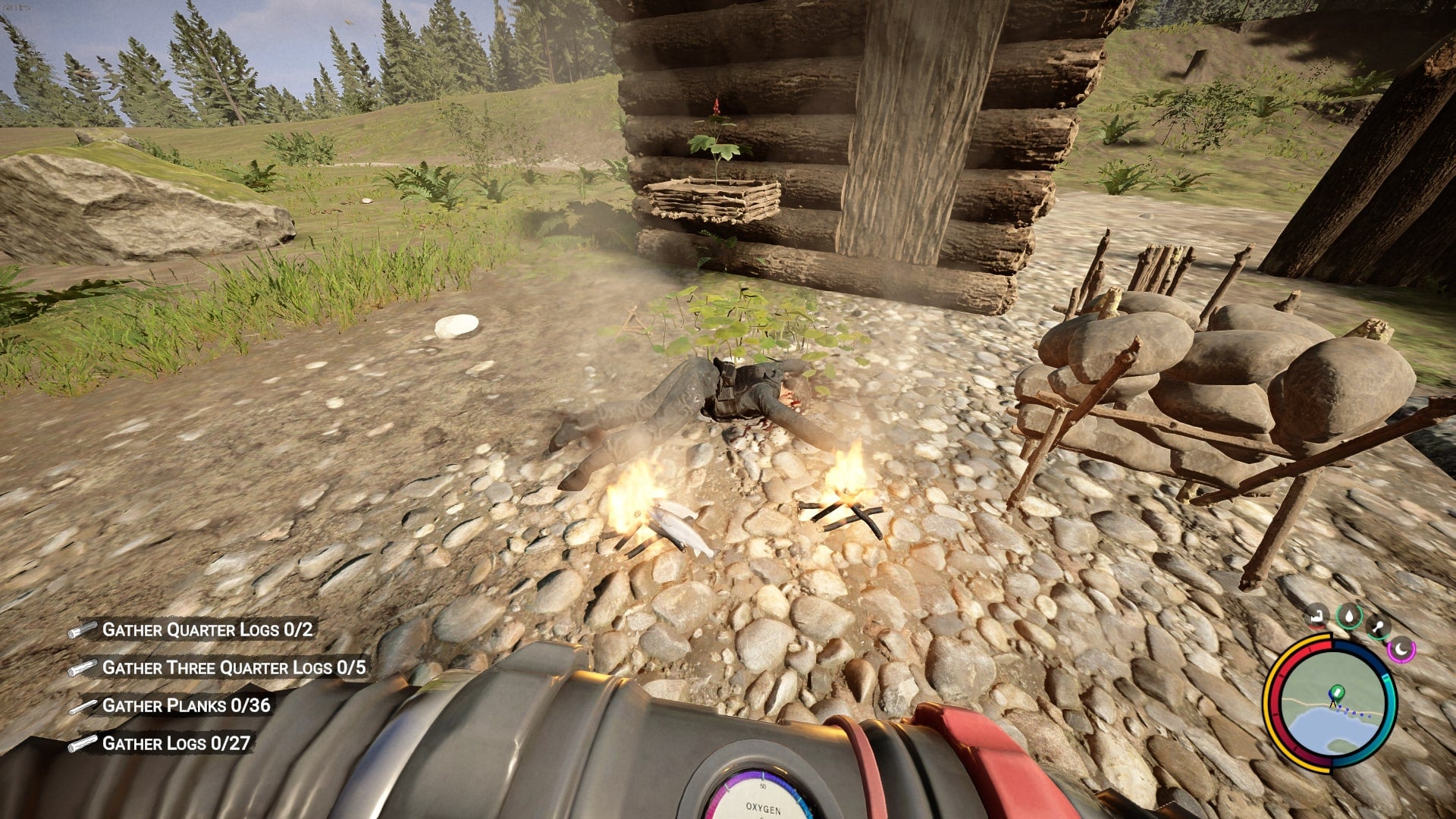 The player looks at Kelvin&rsquo;s corpse in Sons of the Forest