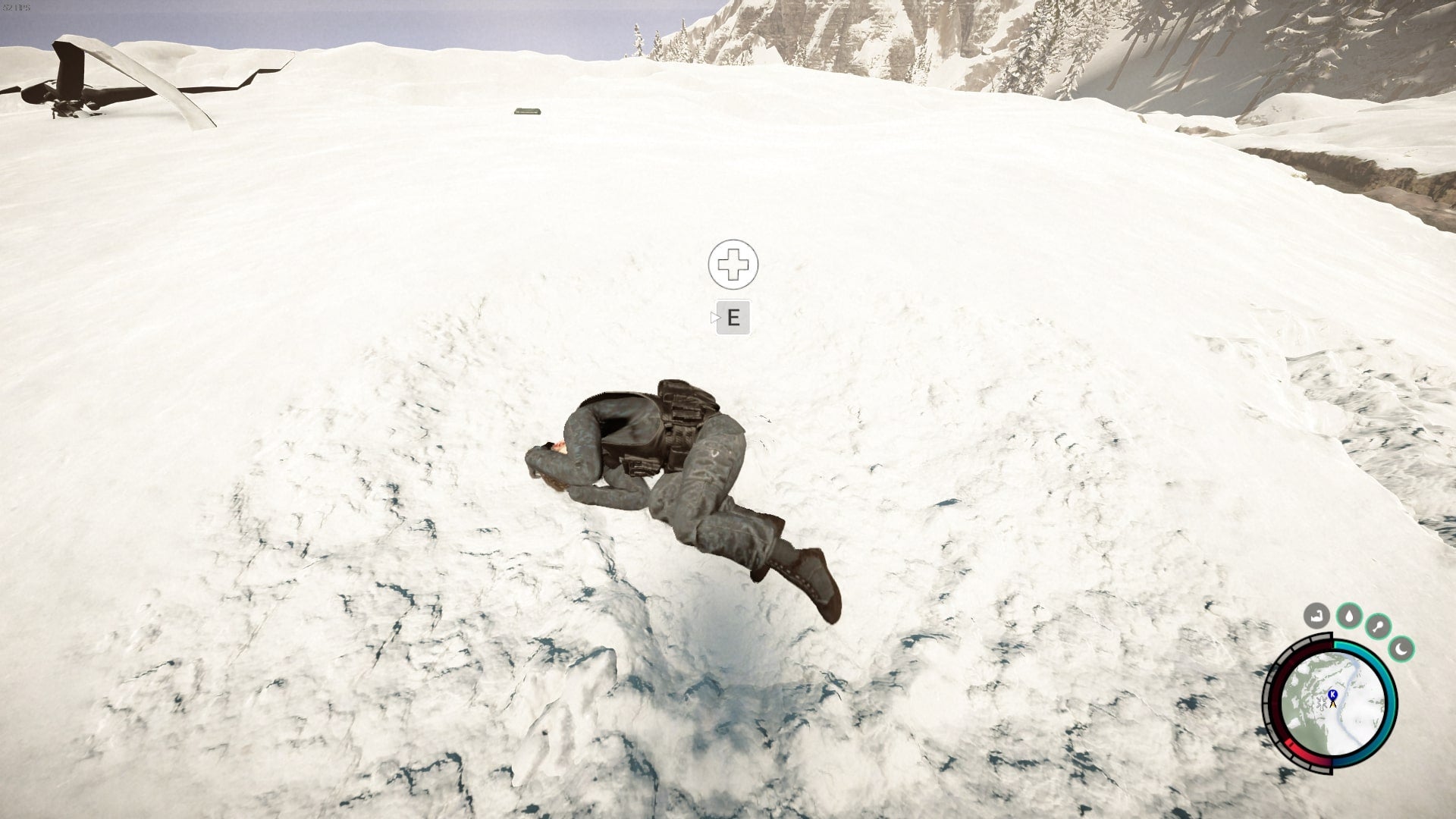 The player looks at Kelvin in the downed state at the crash site in Sons of the Forest