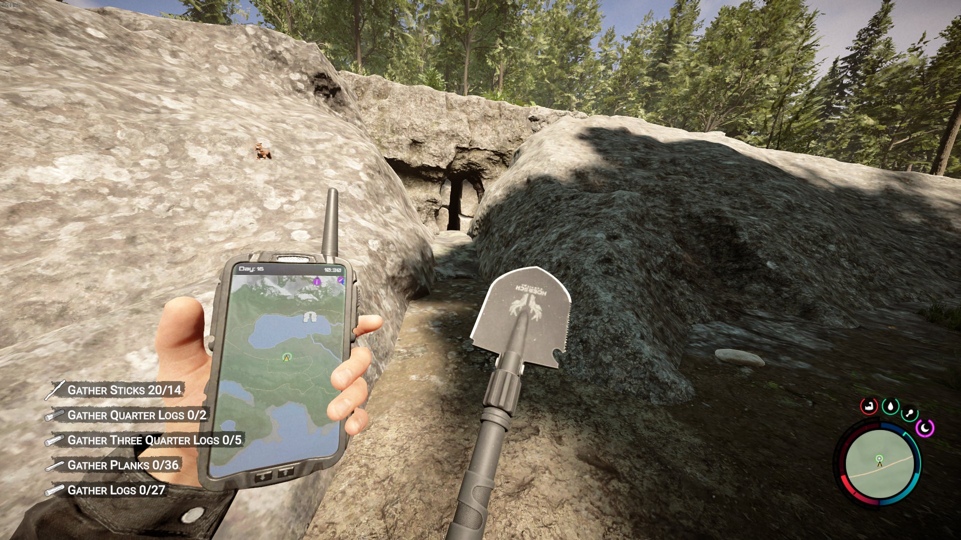 The player faces the entrance to a cave containing the Golden Armor in Sons of the Forest