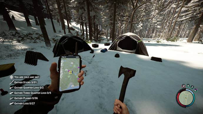 The player retrieves the Modern Axe from a campsite in Sons of the Forest