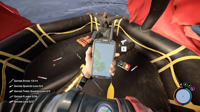 The player faces a pistol on the emergency raft in Sons of the Forest