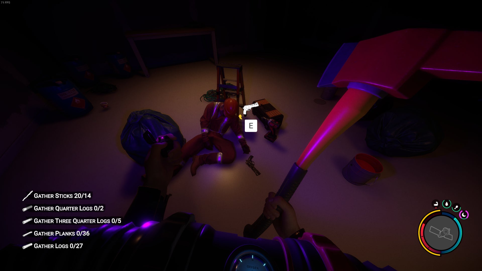 The player looks at the corpse of a worker beside the Revolver in Sons of the Forest