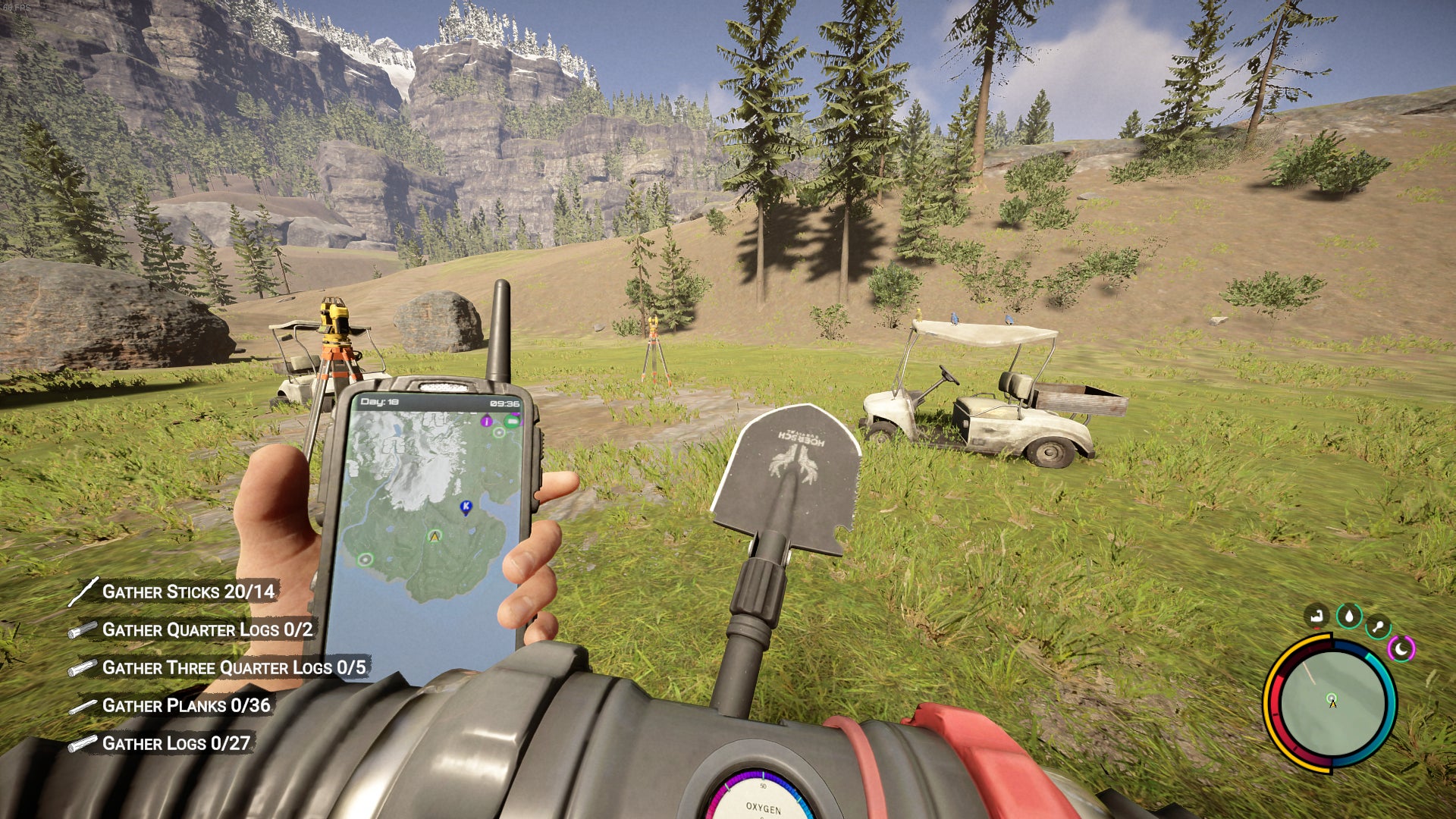 The player looks at a digsite leading to Maintenance Bunker C on the golf course in Sons of the Forest