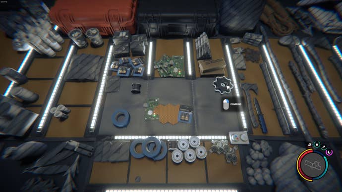 The player looks at the items needed to craft tech armor in Sons of the Forest